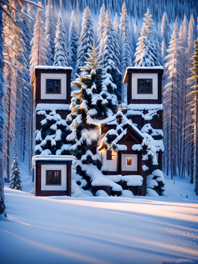 Snowy Pine Forest Cabins Photography QR Code Art — image 1