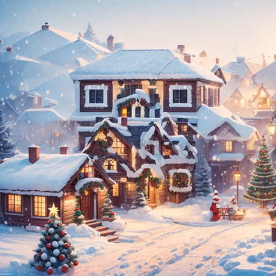 Snowy Christmas Village Digital Painting Stylized Illustration QR Code for Greeting Cards — image 1