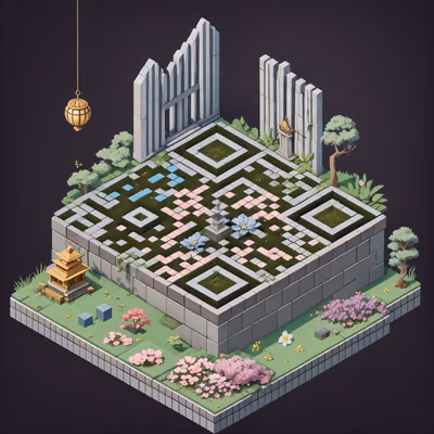 Isometric Shrine Garden 3D QR Code for Posters — image 1