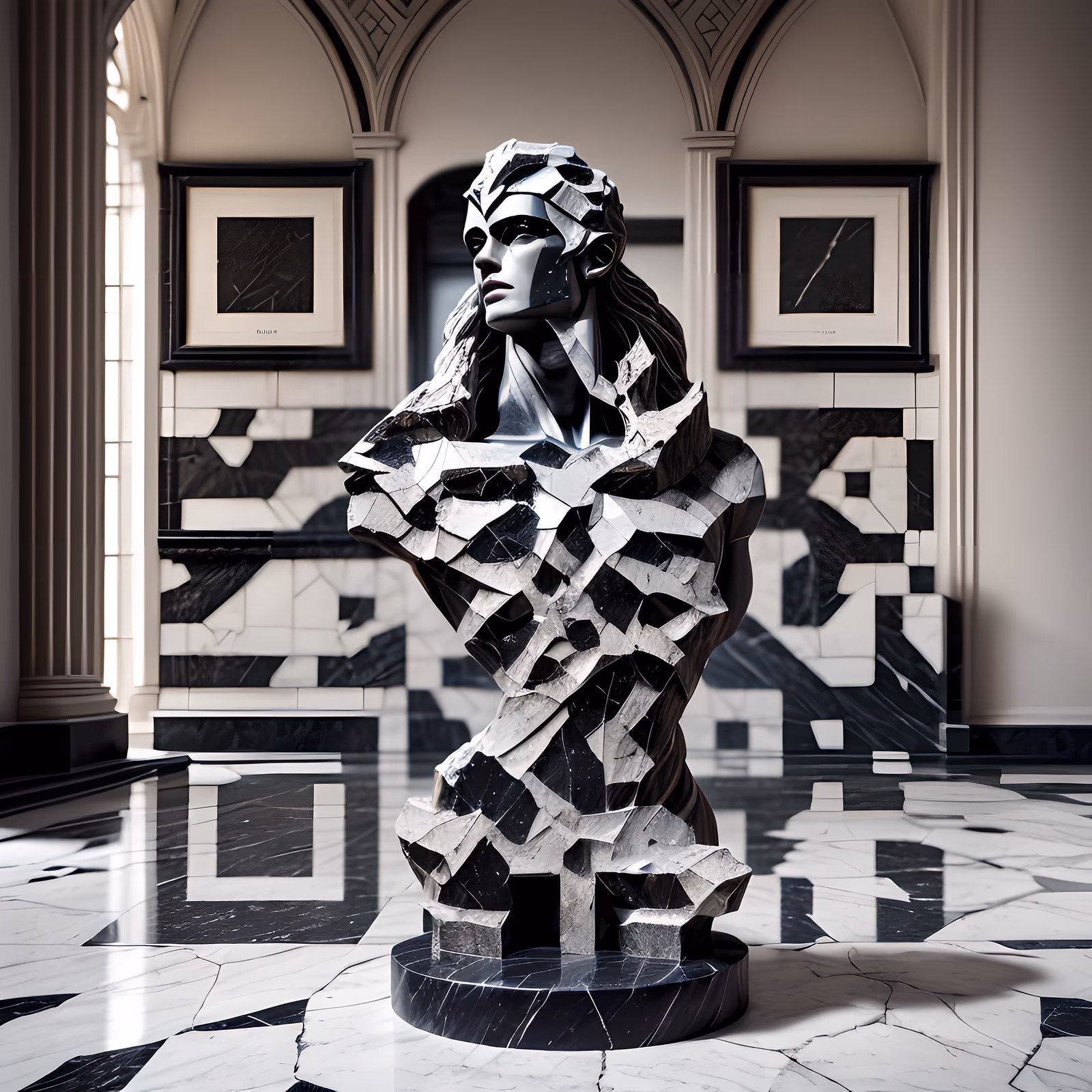 Black Marble Warrior Bust Sculpture Armor QR Code Art — image 1
