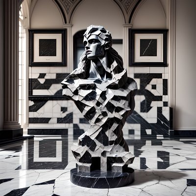 Black Marble Warrior Bust Sculpture Armor QR Code Art