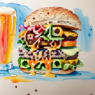 Watercolor Burger and Beer QR Code for Restaurant Menus