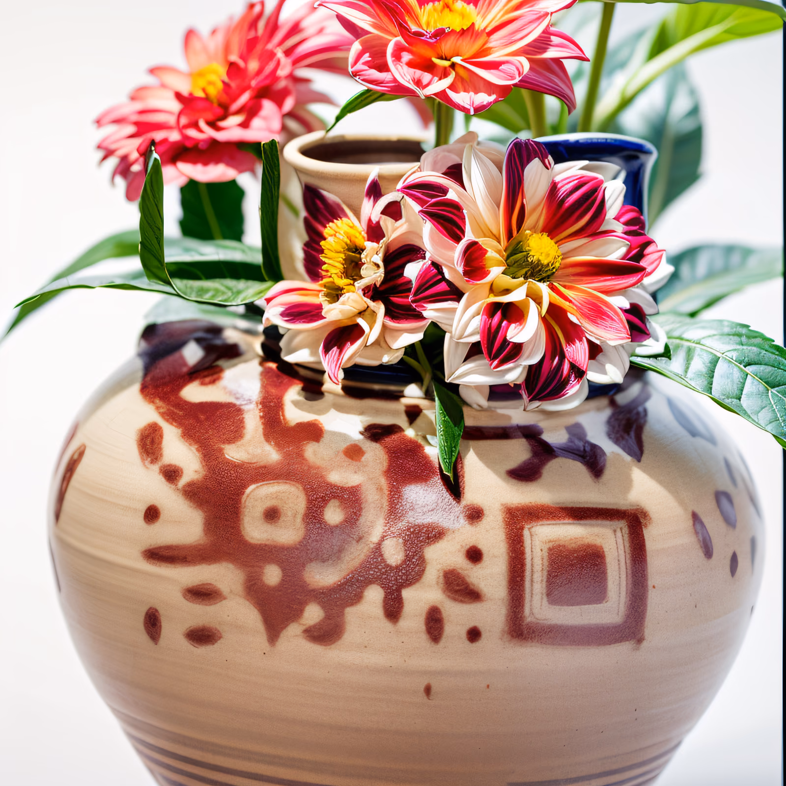Керамическая ваза с георгинами на фото: QR-код как искусство — изображение 1