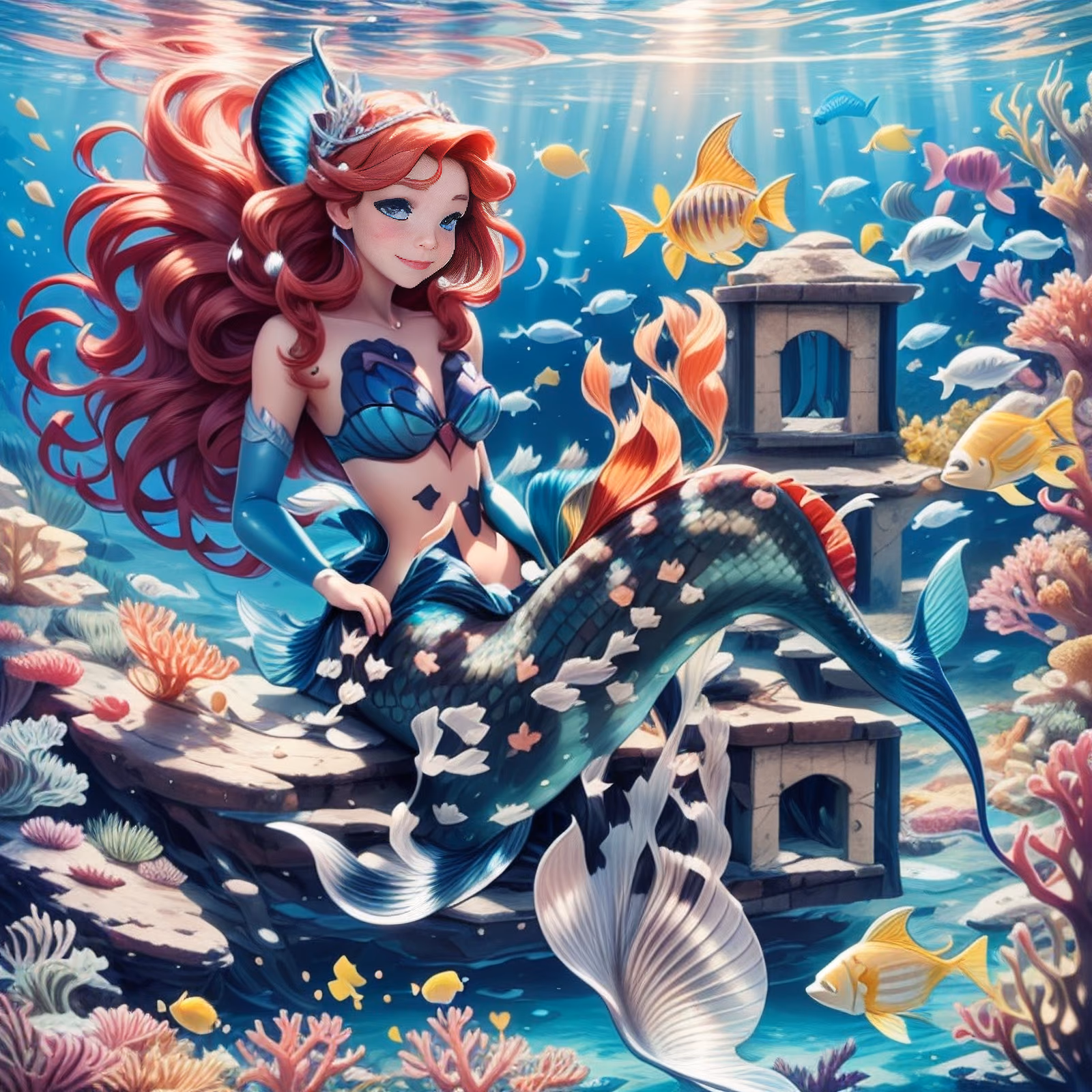 Red Haired Mermaid Underwater Cartoon QR Code for Posters — image 1