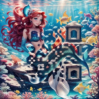 Red Haired Mermaid Underwater Cartoon QR Code for Posters