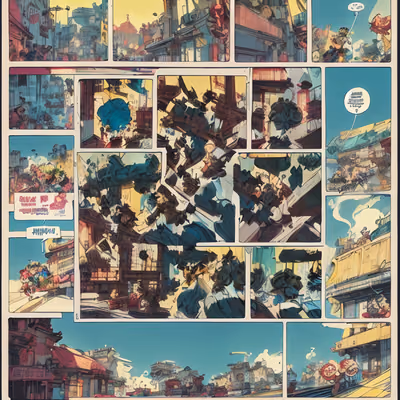 漫画分格城市街道建筑二维码艺术,适用于海报 — 图片 1