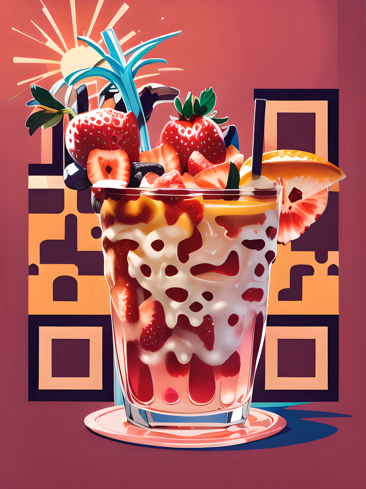 Strawberry Sunset Cocktail Cartoon QR Code for Restaurant Menus — image 1