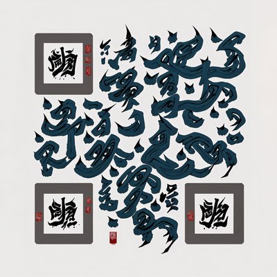Ocean Blue Ink Calligraphy QR Code Art