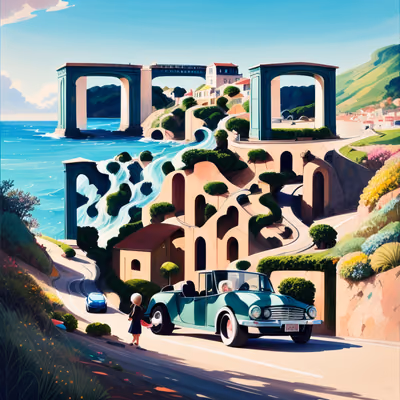 Coastal Road Vintage Car Gouache QR Code Art — image 1