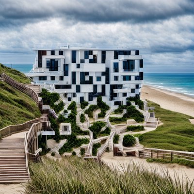 Здание на морском берегу, фотореалистичное QR-код искусство