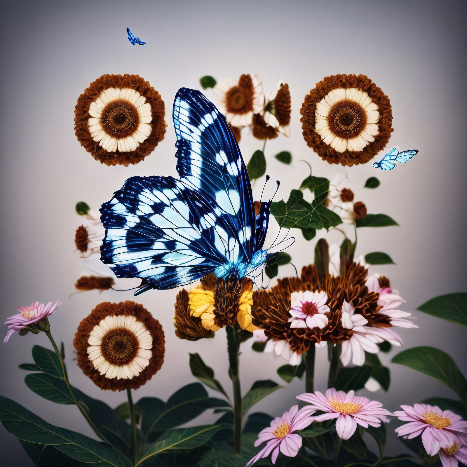 Blue Butterfly on Flowers Realistic Garden QR Code Art — image 1