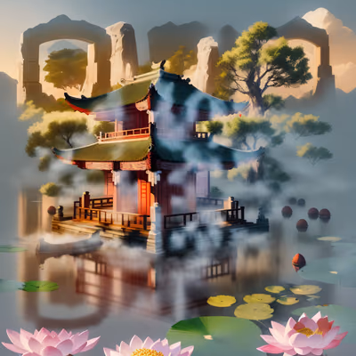 Misty Lotus Lake Pavilion Painting QR Code Art — image 1