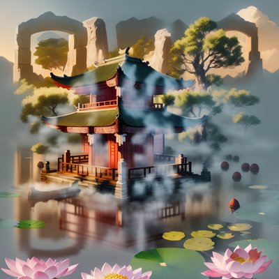 Misty Lotus Lake Pavilion Painting QR Code Art