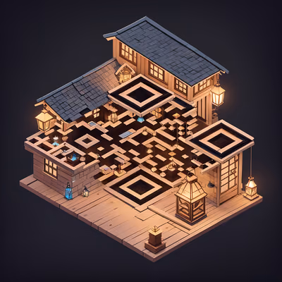 Isometric Lantern Shop Diorama QR Code for Posters — image 1