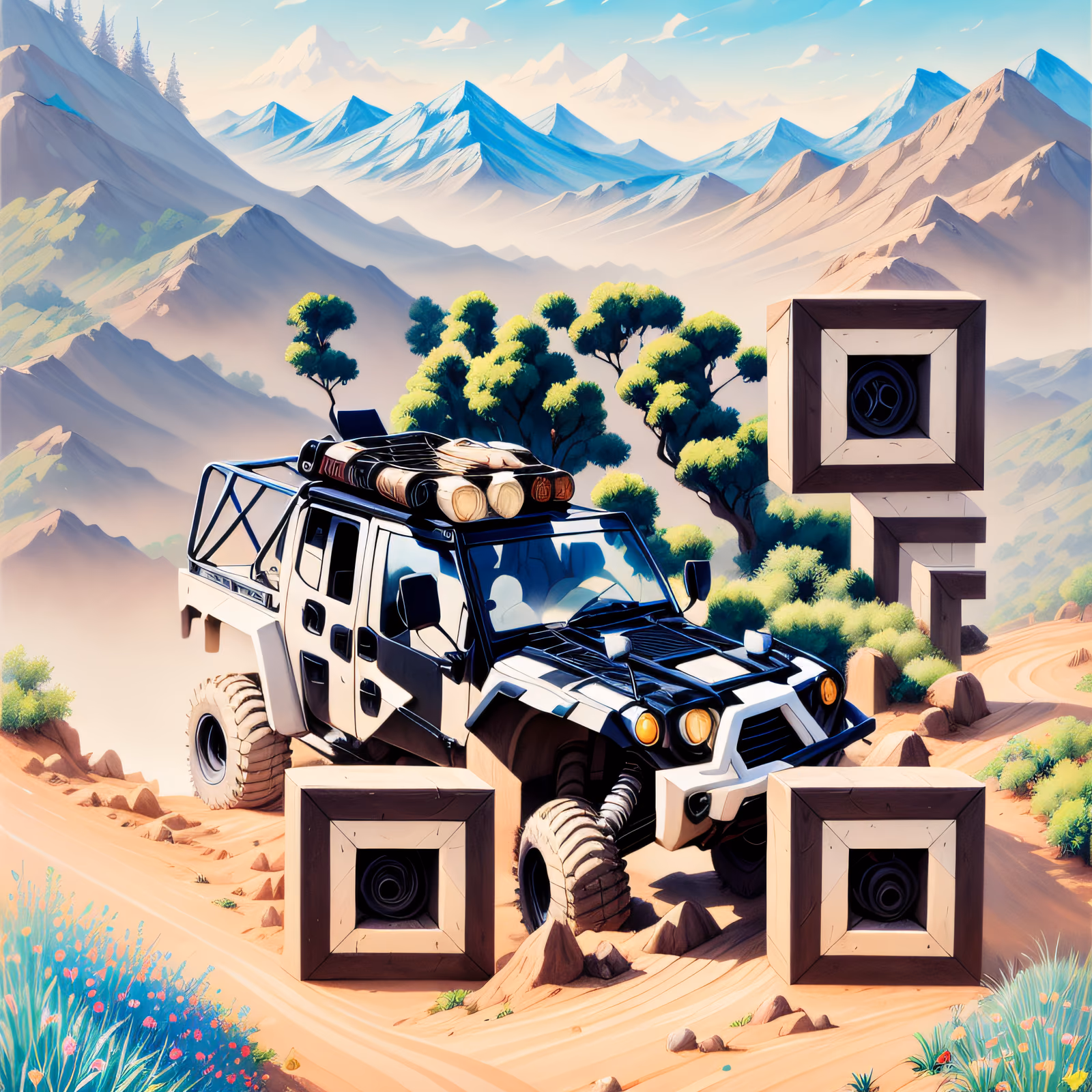 Внедорожник в горах, гуашь, QR-код для постеров — изображение 1