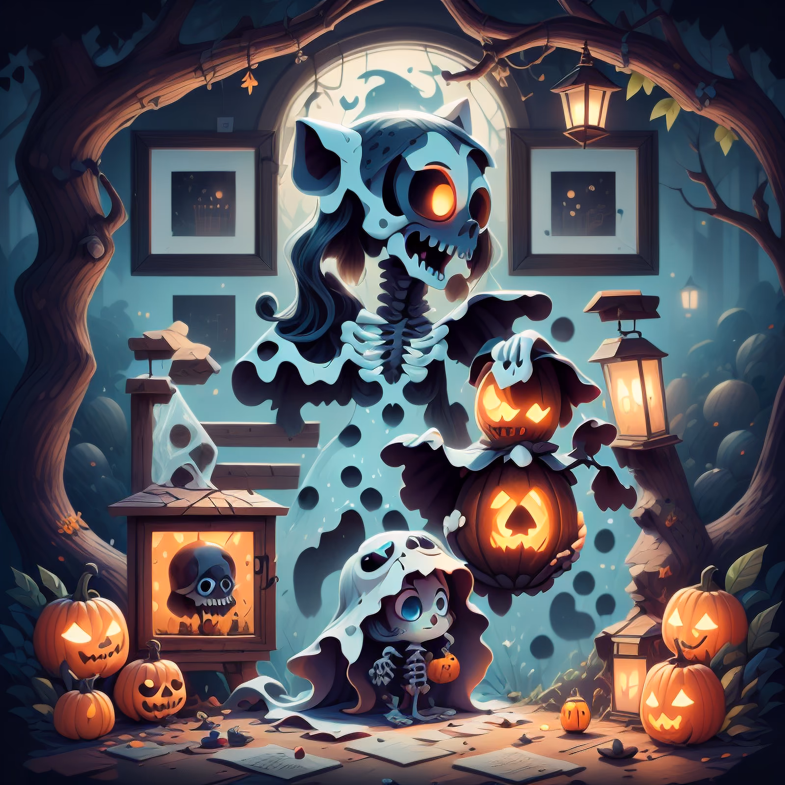 Милый скелет на Хэллоуин, игровой арт, QR-код для постеров — изображение 1