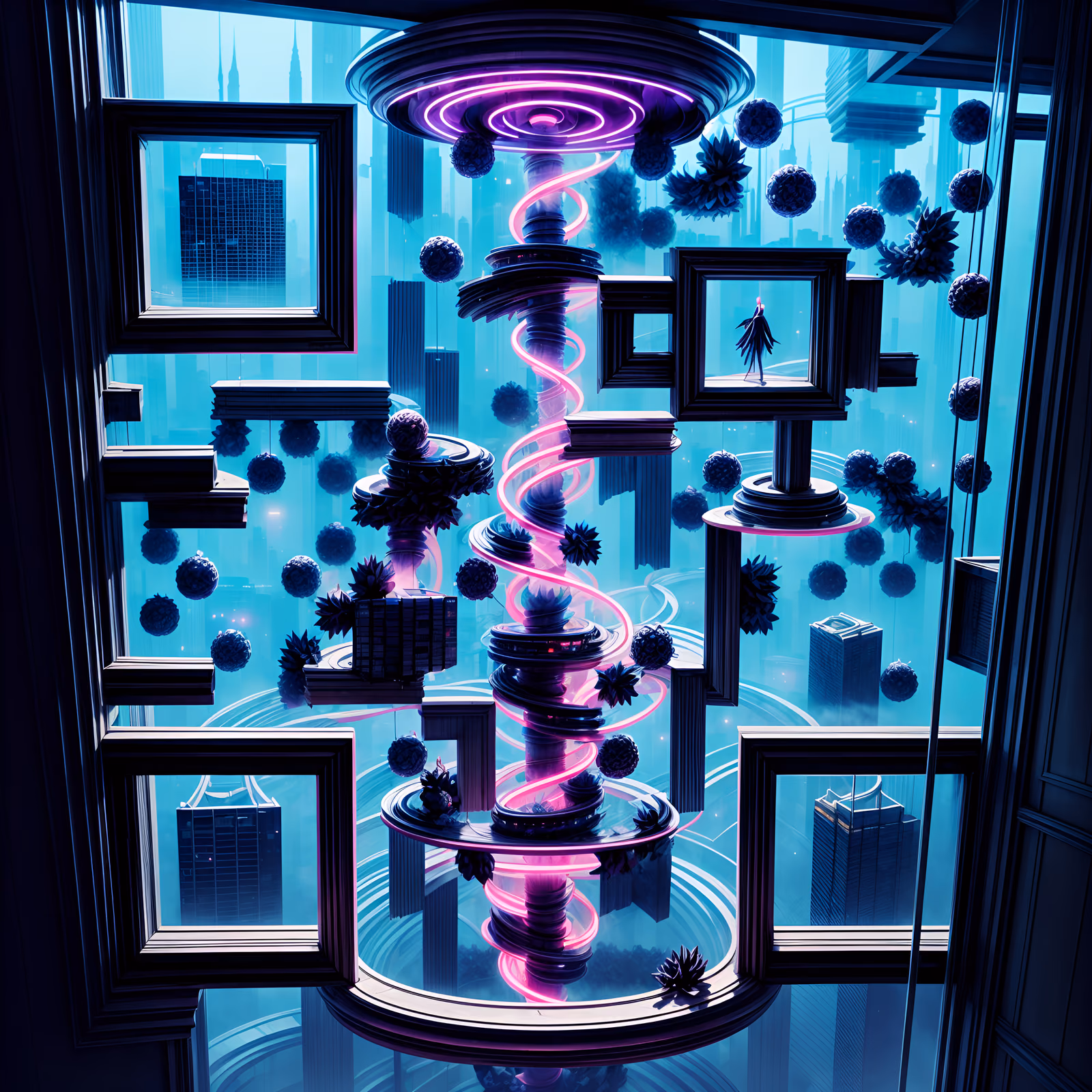 Неоновая башня на фоне города будущего: QR-код для постеров — изображение 1