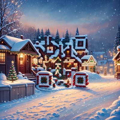 Snowy Christmas Village Painting House QR Code for Greeting Cards