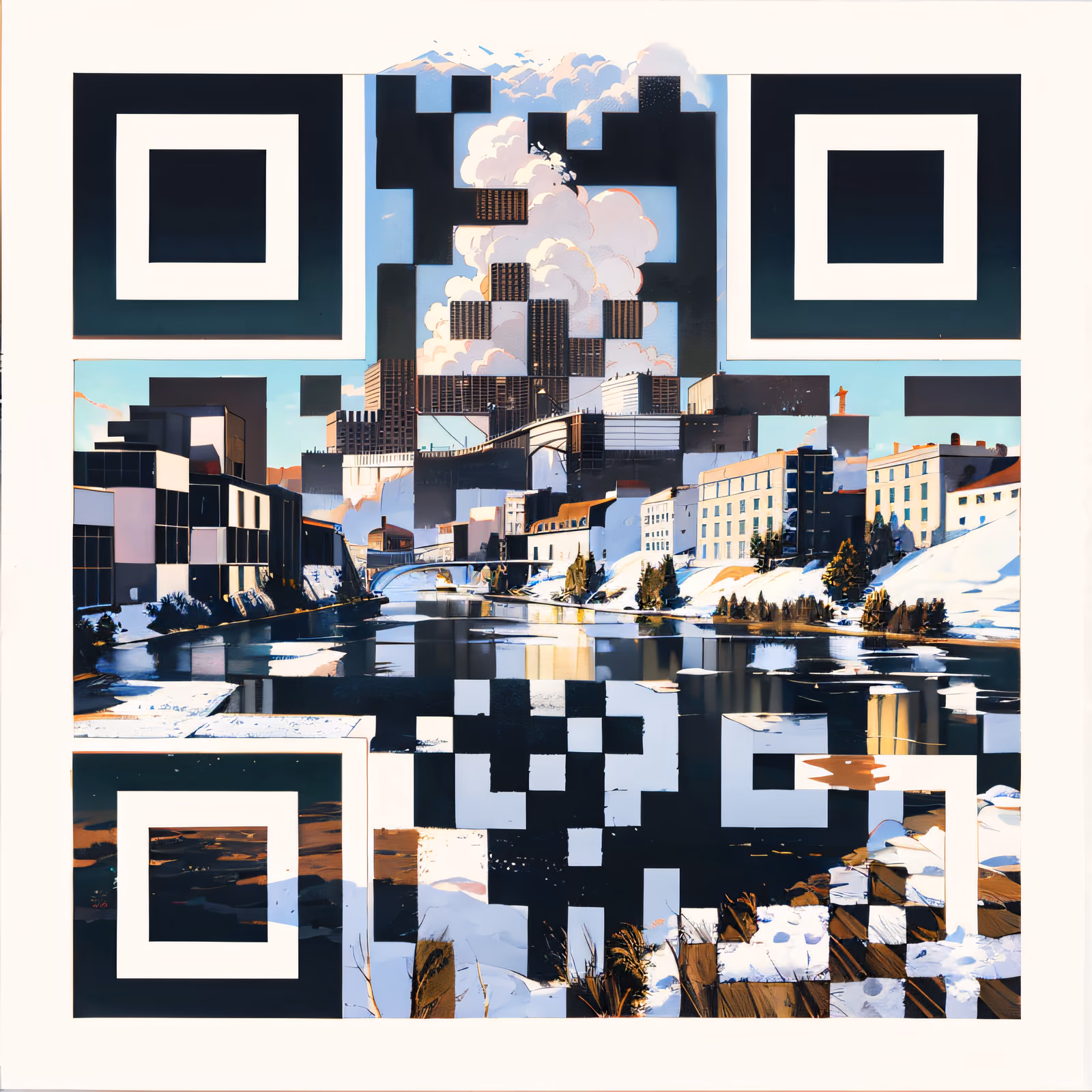 Snowy Riverside City Matte Painting QR Code Art — image 1