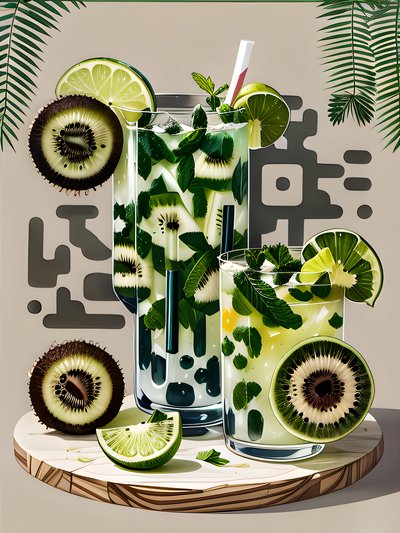 Kiwi Mint Cocktail Cartoon QR Code for Restaurant Menus