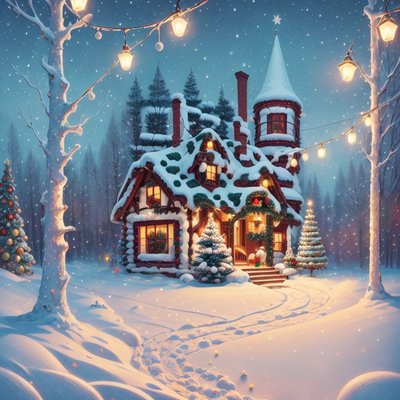 Snowy Christmas Cottage Storybook House QR Code for Greeting Cards