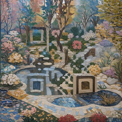 Mosaic Garden Oasis with Pond QR Code Art