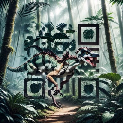 Velociraptor in Misty Jungle Cinematic QR Code Art