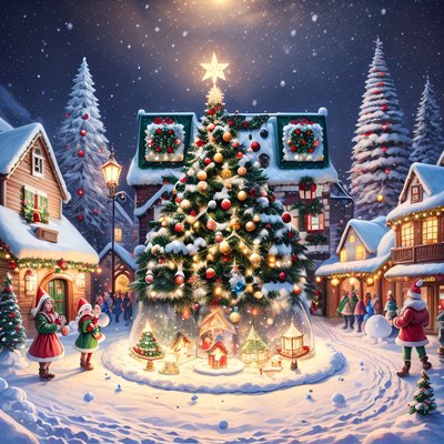 Christmas Village Snow Globe Christmas Tree QR Code for Greeting Cards