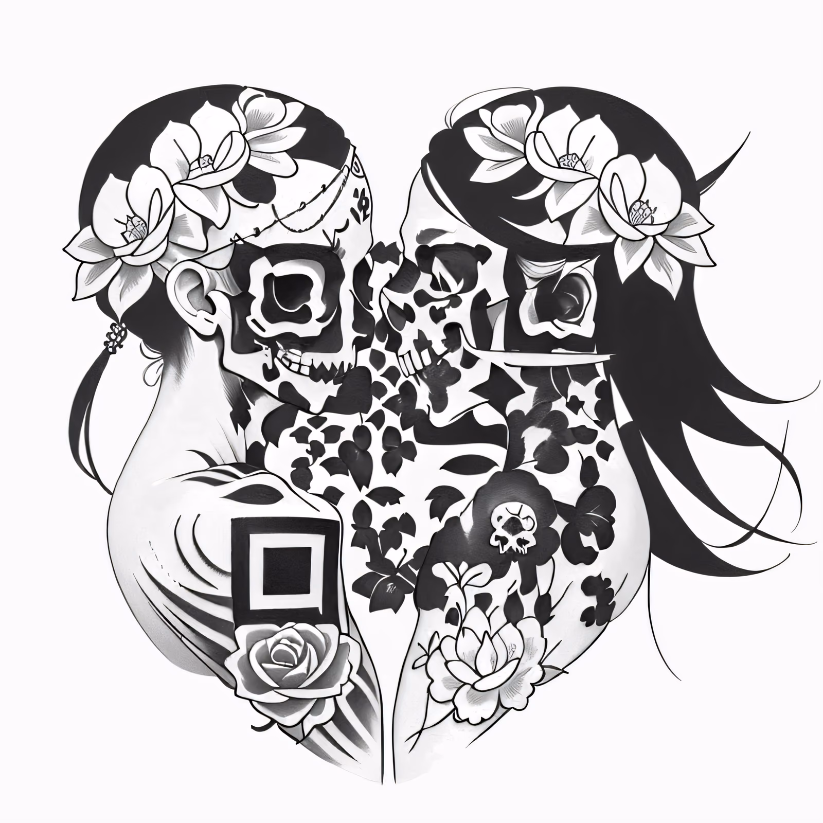 Skull Couple Floral Tattoo QR Code for Temporary Tattoos — image 1
