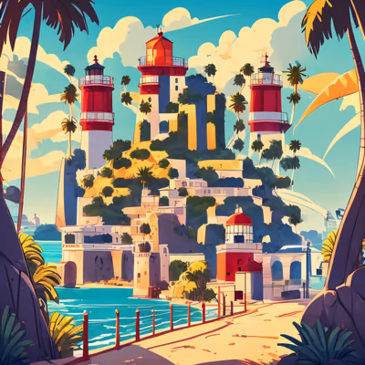 Tropical Lighthouse Town Vector QR Code for Posters — image 1