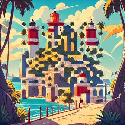 Tropical Lighthouse Town Vector QR Code for Posters