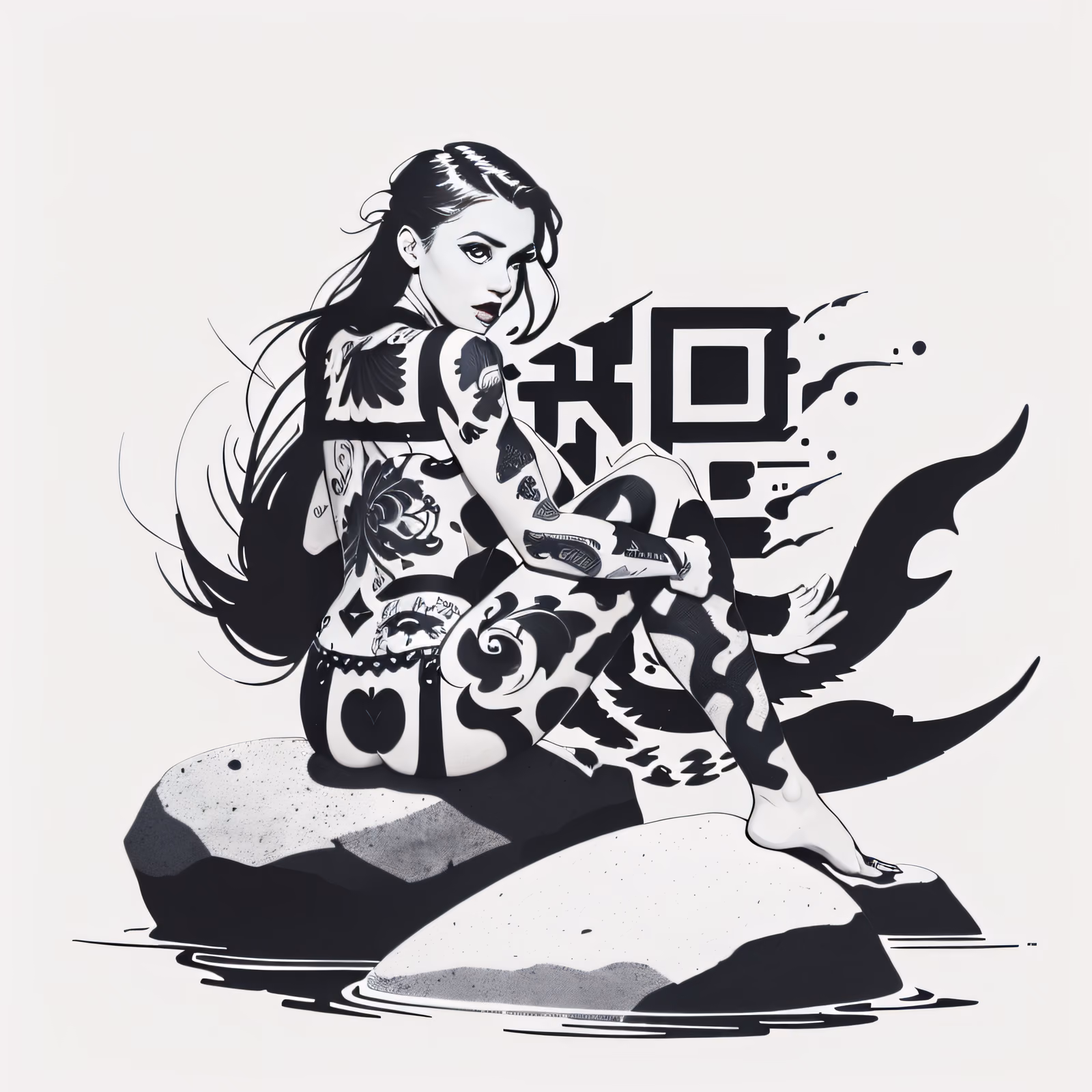 Татуированная русалка на камнях: QR-код в стиле чернильной татуировки — изображение 1