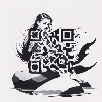 Татуированная русалка на камнях: QR-код в стиле чернильной татуировки — изображение 1