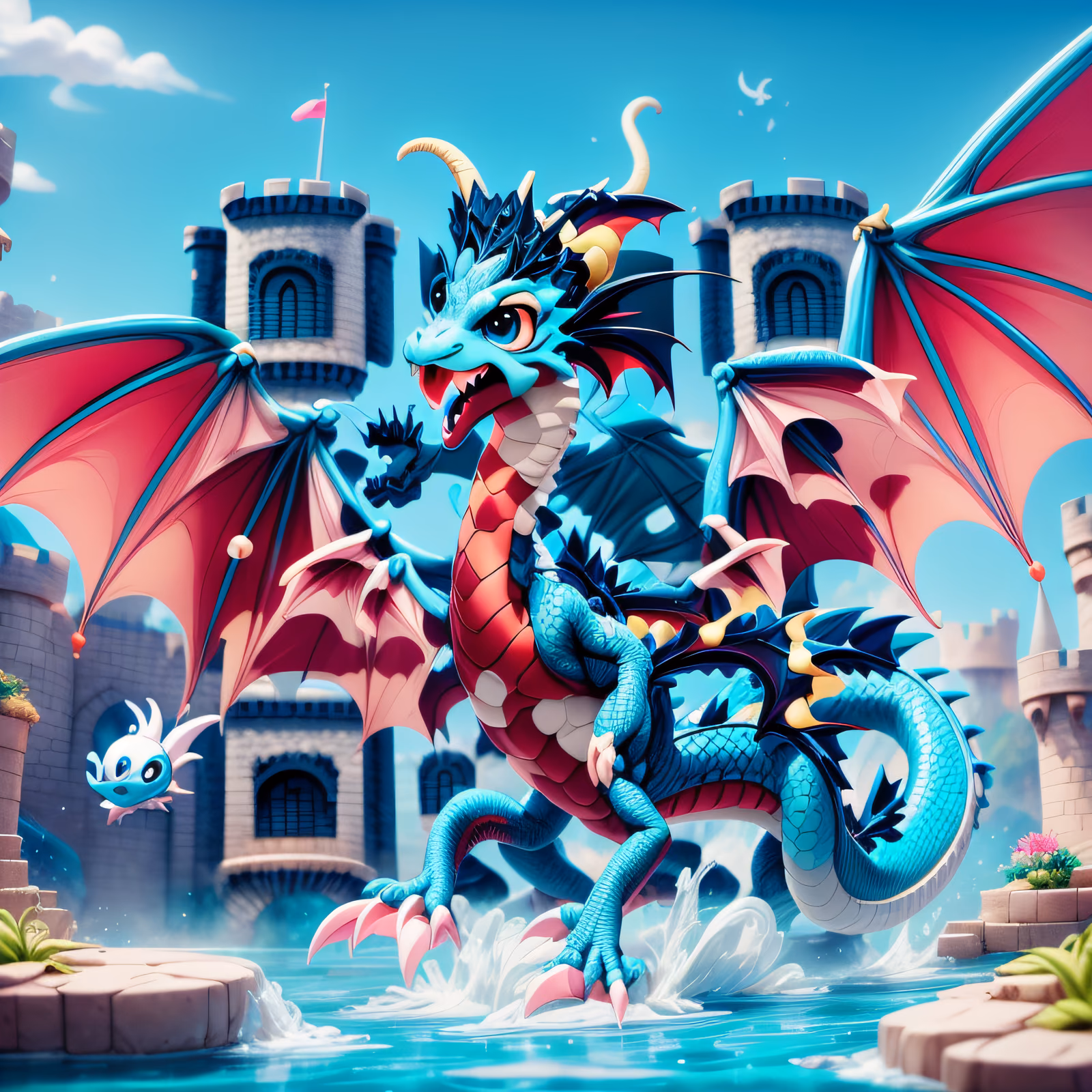 Teal Dragon Castle 3D Cartoon QR Code for Posters — image 1