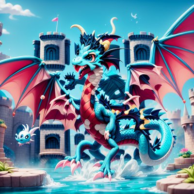 Teal Dragon Castle 3D Cartoon QR Code for Posters