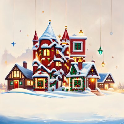 Snowy Christmas Village Painting Winter QR Code for Greeting Cards