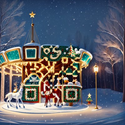 Snowy Christmas Carousel Night Scene QR Code for Greeting Cards