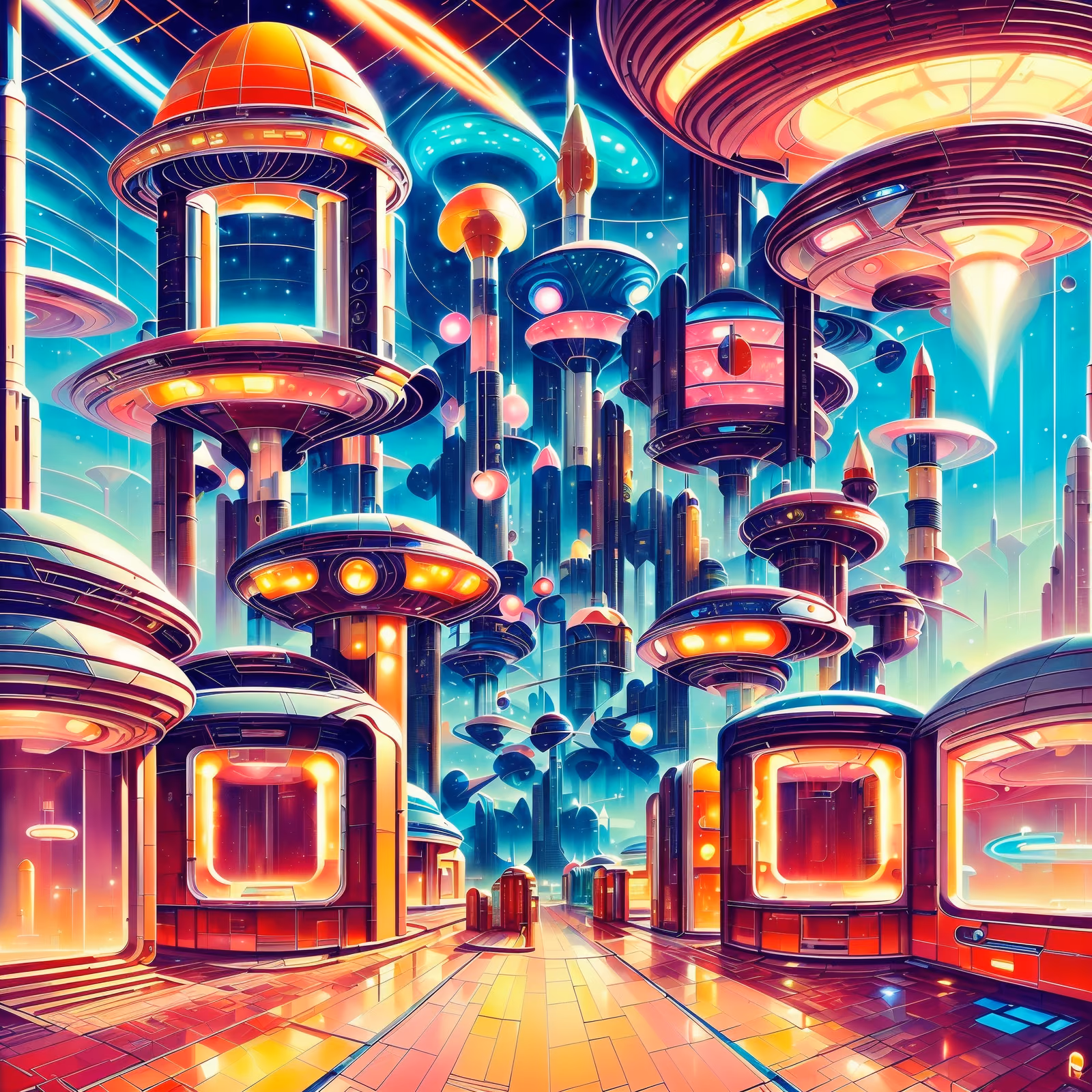 Retrofuturist Rocket Tower City QR Code for Posters — image 1