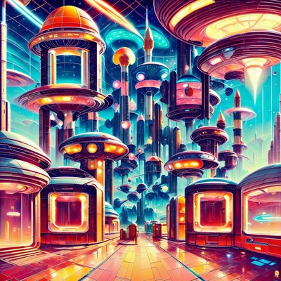 Ретрофутуристический город ракетных башен: QR-код для плакатов