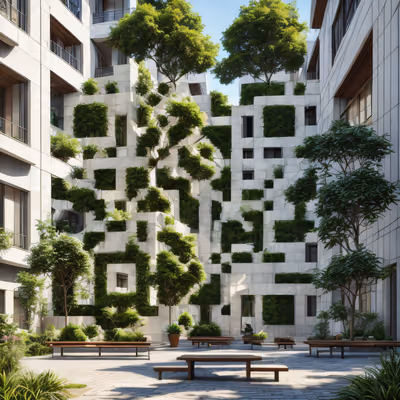 Green Courtyard Architecture Photorealistic QR Code for Posters — image 1