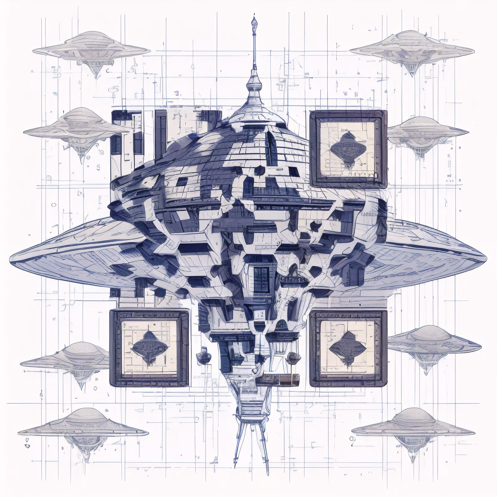 Flying Saucer Blueprint Vector QR Code for Stickers — image 1