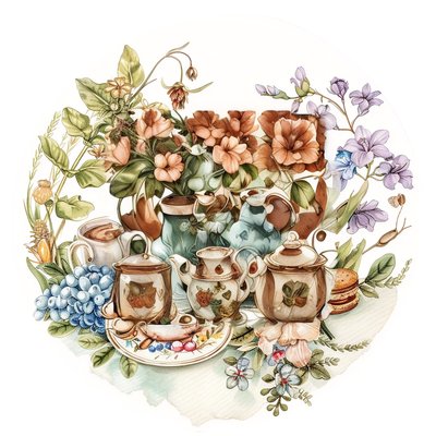 Vintage Porcelain Tea Set Watercolor QR Code for Stickers