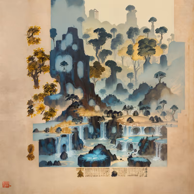 雾中瀑布水墨山水二维码艺术 — 图片 1