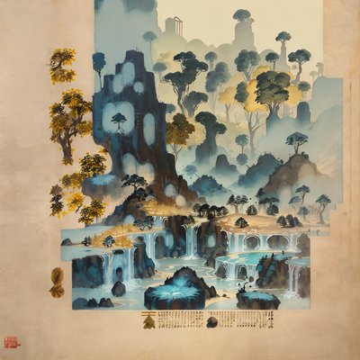 Misty Waterfall Ink Landscape QR Code Art