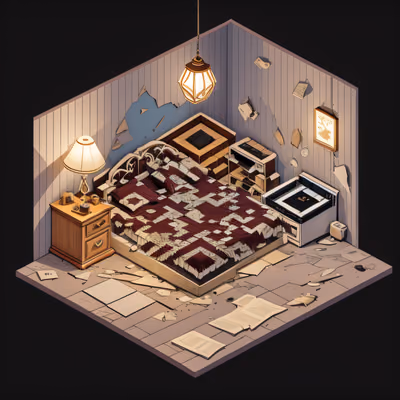Isometric Abandoned Bedroom QR Code Art — image 1