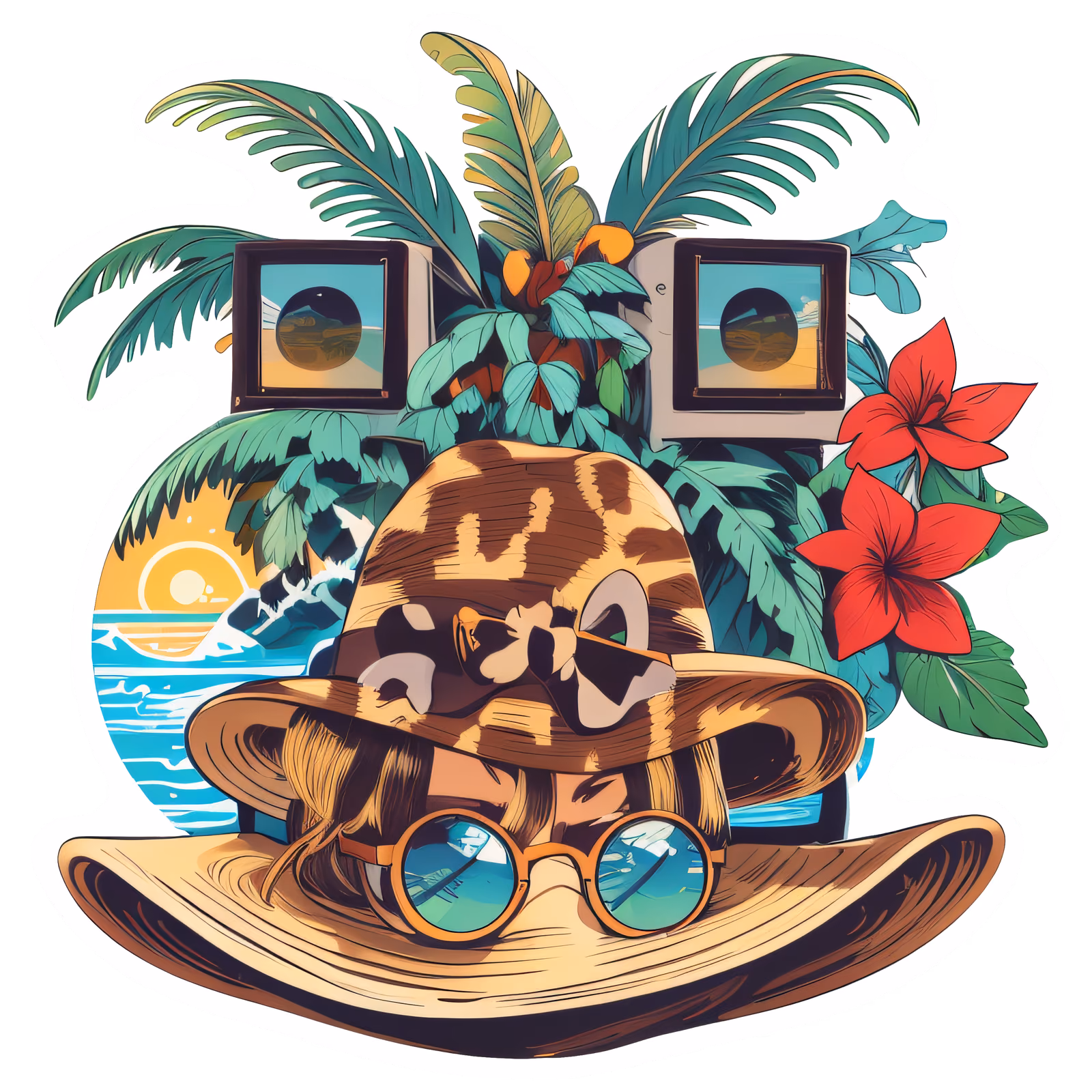 Retro Sun Hat Tropical Vector QR Code for Stickers — image 1