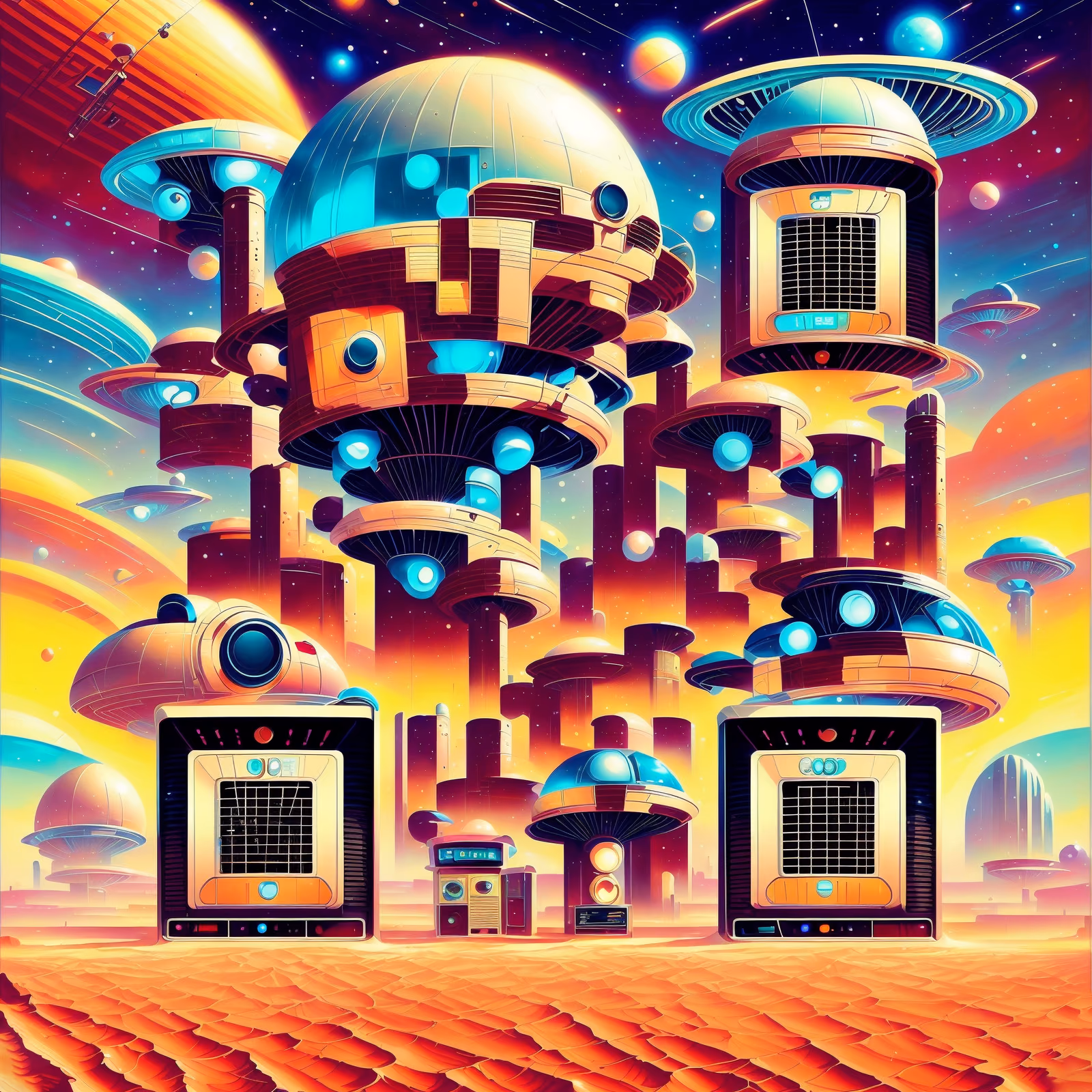 Ретрофутуристические башни в инопланетной пустыне: QR-код для постеров — изображение 1