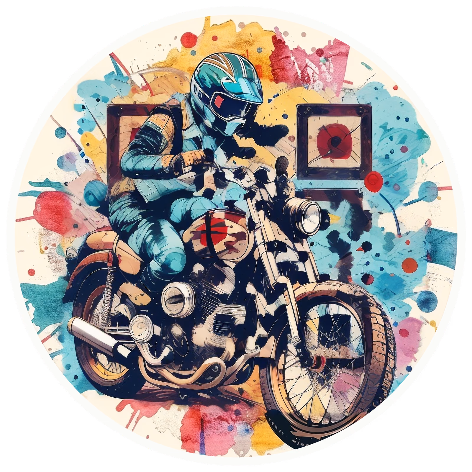 Мотоциклист на винтажном мотоцикле с брызгами краски: QR-код для стикеров — изображение 1