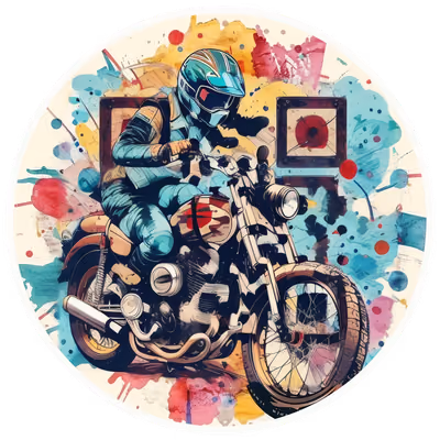 Мотоциклист на винтажном мотоцикле с брызгами краски: QR-код для стикеров — изображение 1
