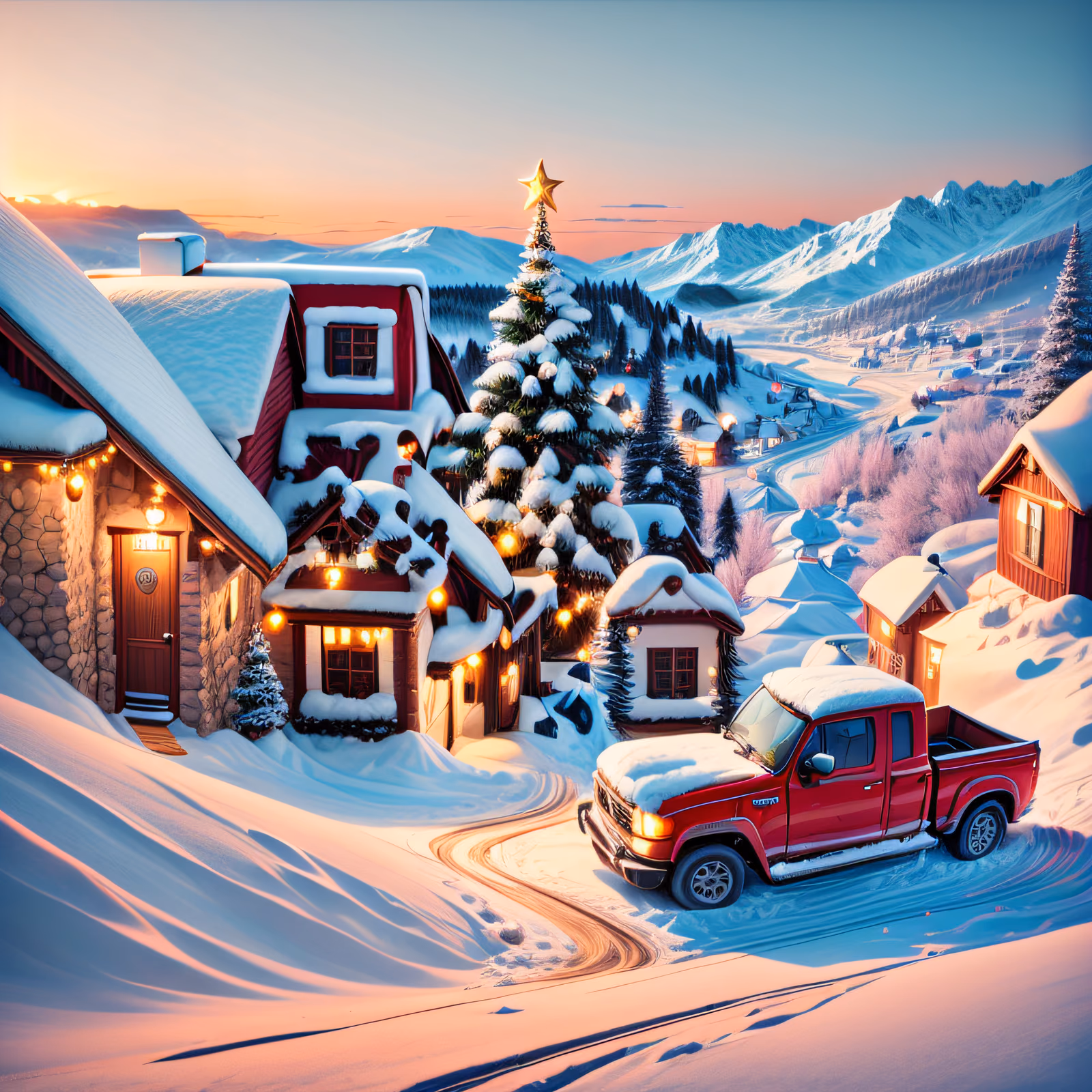 Snowy Christmas Village Digital Painting Off-Road Vehicle QR Code for Greeting Cards — image 1